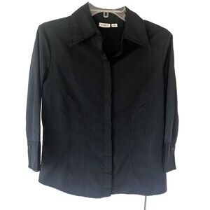 Cato Sz Small Black Blouse Button Up Stretch Shirt Women 3/4 Sleeve Slimming